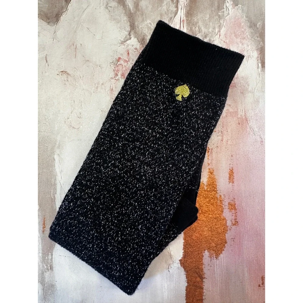 Kate Spade New York Black Silver Metallic Glitter Crew Women's Socks Gold Logo